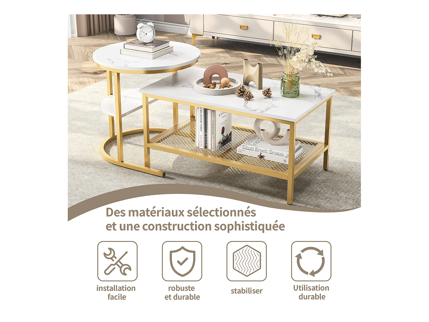 Tables Basses Gigognes Lot de 2, Table Gigogne Design Marbre, Cadre en Métal Doré