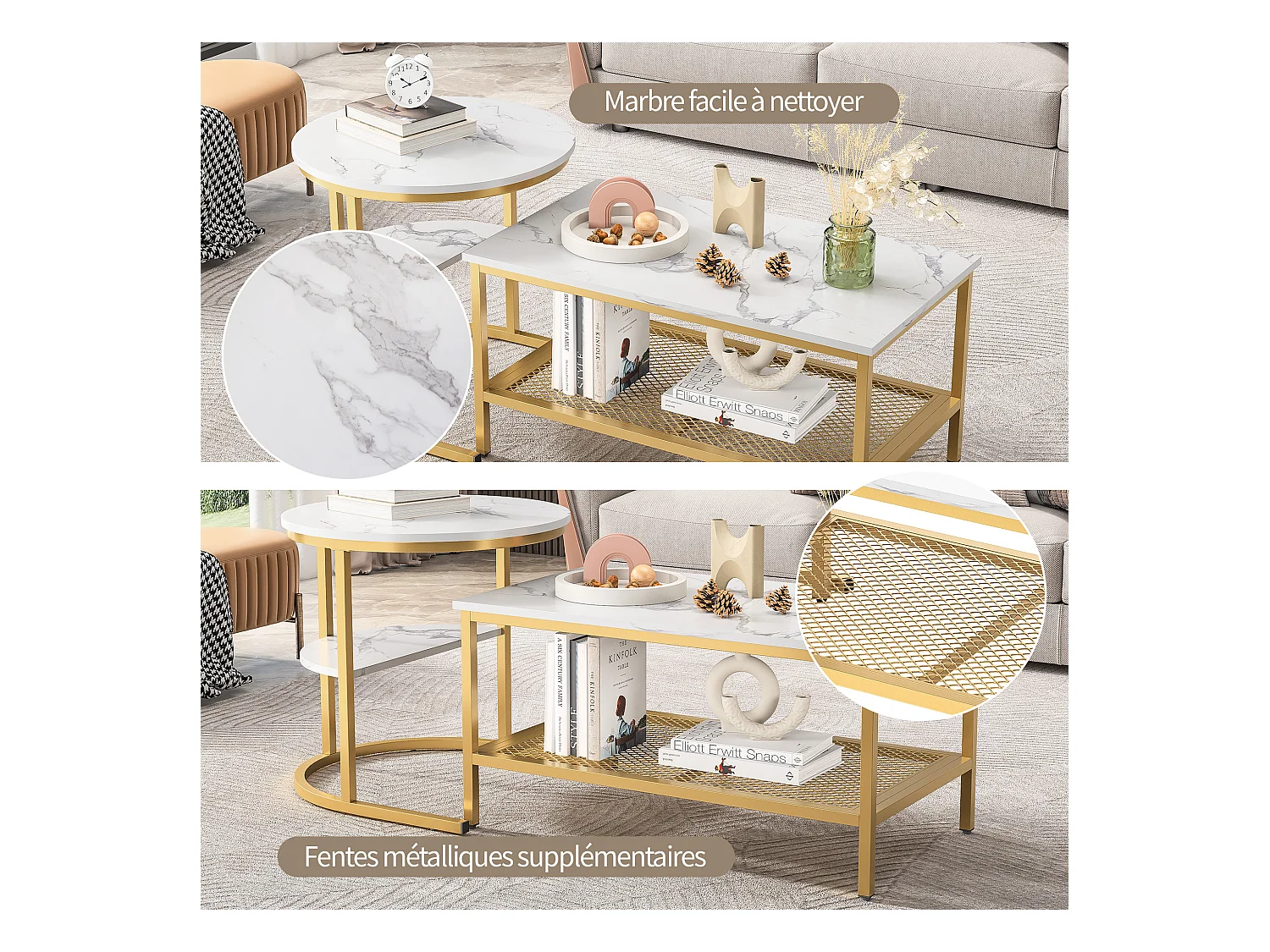Tables Basses Gigognes Lot de 2, Table Gigogne Design Marbre, Cadre en Métal Doré
