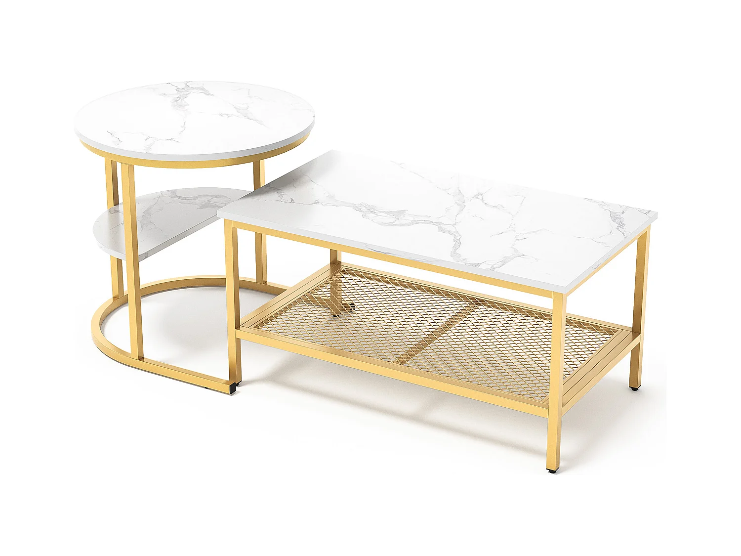 Tables Basses Gigognes Lot de 2, Table Gigogne Design Marbre, Cadre en Métal Doré