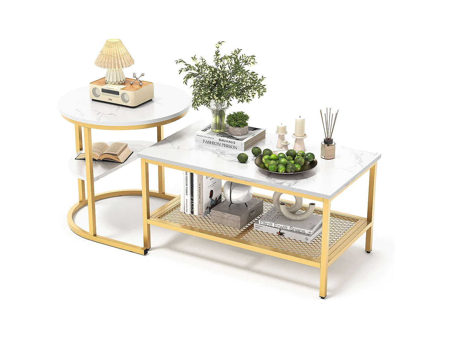 Tables Basses Gigognes Lot de 2, Table Gigogne Design Marbre, Cadre en Métal Doré