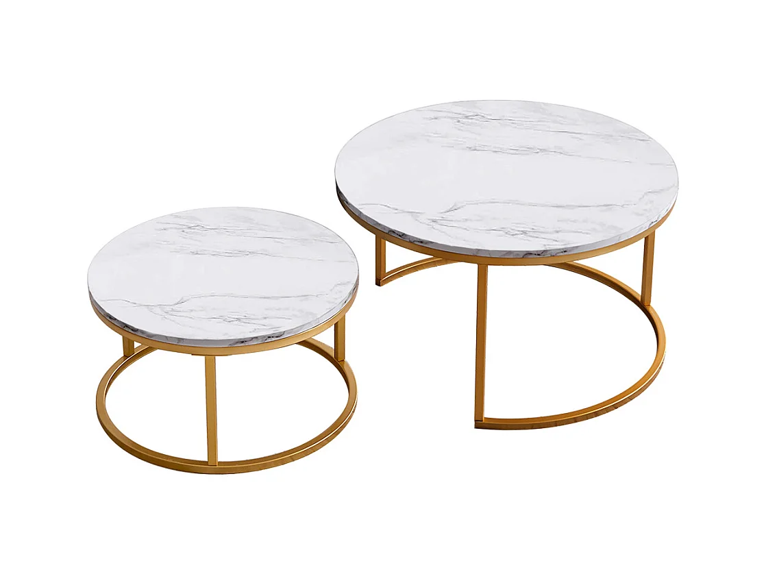 Lot de 2 Tables Basses gigognes, avec marbré brillant, Or et Blanc