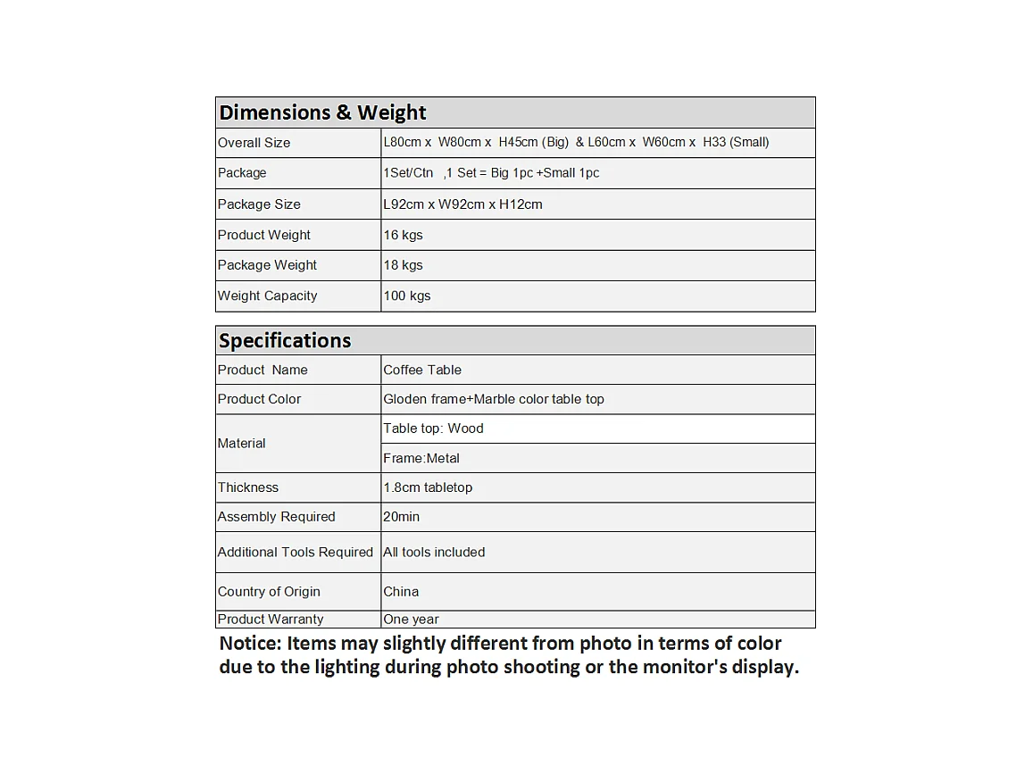 Lot de 2 Tables Basses gigognes, avec marbré brillant, Or et Blanc