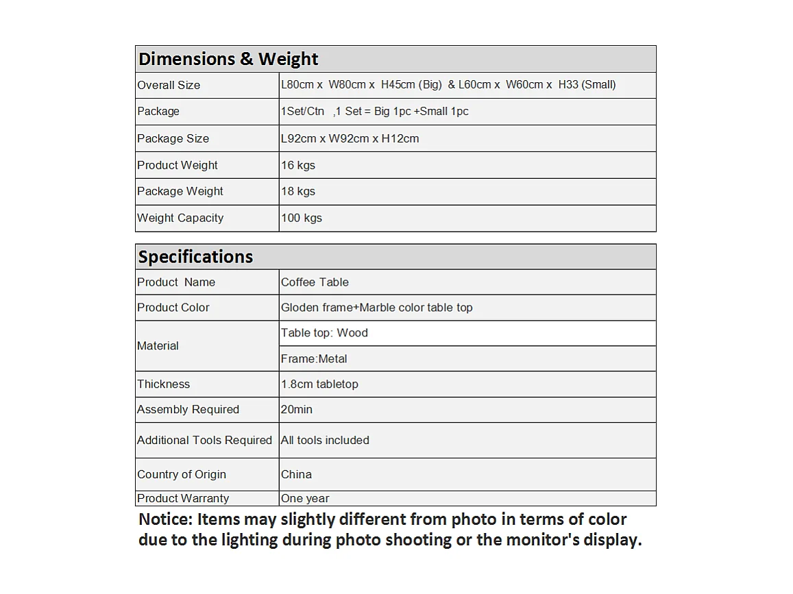 Lot de 2 Tables Basses gigognes, avec marbré brillant, Or et Blanc