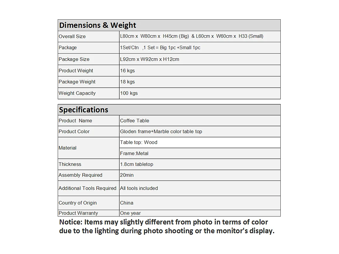 Lot de 2 Tables Basses gigognes, avec marbré brillant, Or et Blanc