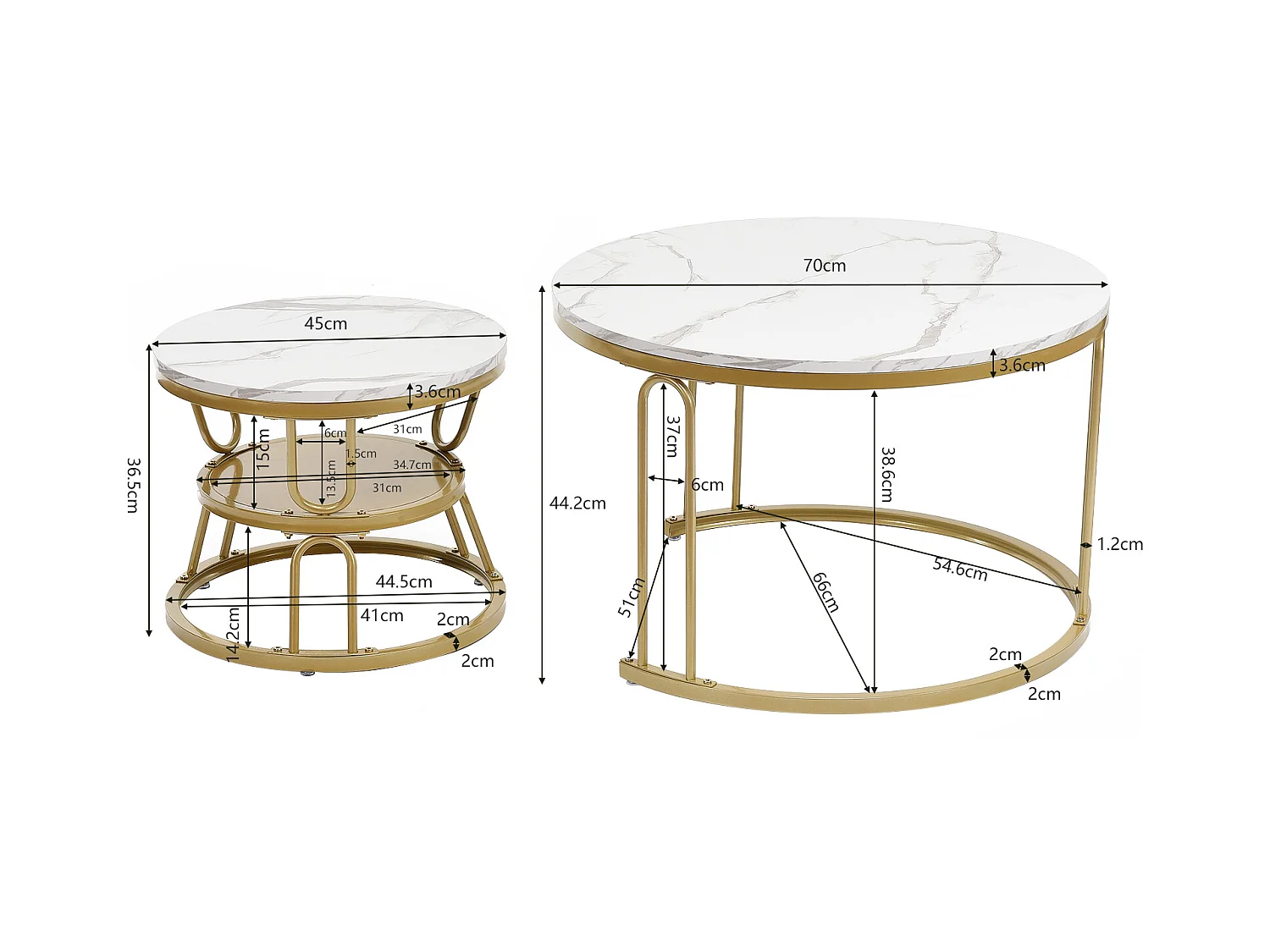 Lot de 2 tables basses gigognes rondes en bois - Aspect marbre - En forme de U dorée