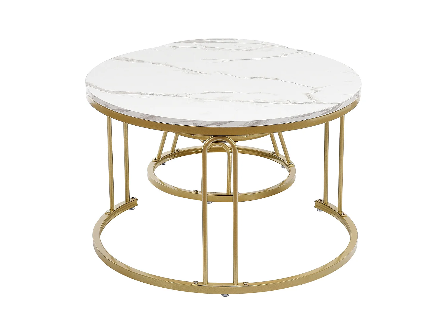 Lot de 2 tables basses gigognes rondes en bois - Aspect marbre - En forme de U dorée