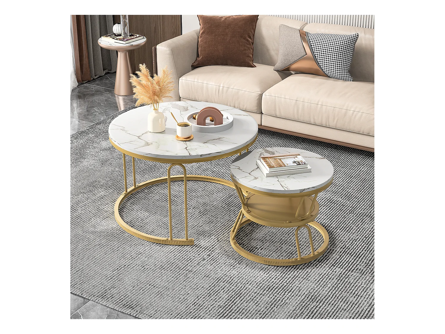 Lot de 2 tables basses gigognes rondes en bois - Aspect marbre - En forme de U dorée