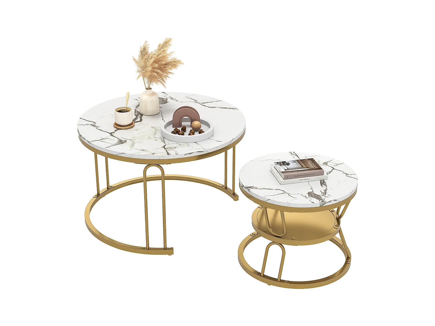 Lot de 2 tables basses gigognes rondes en bois - Aspect marbre - En forme de U dorée