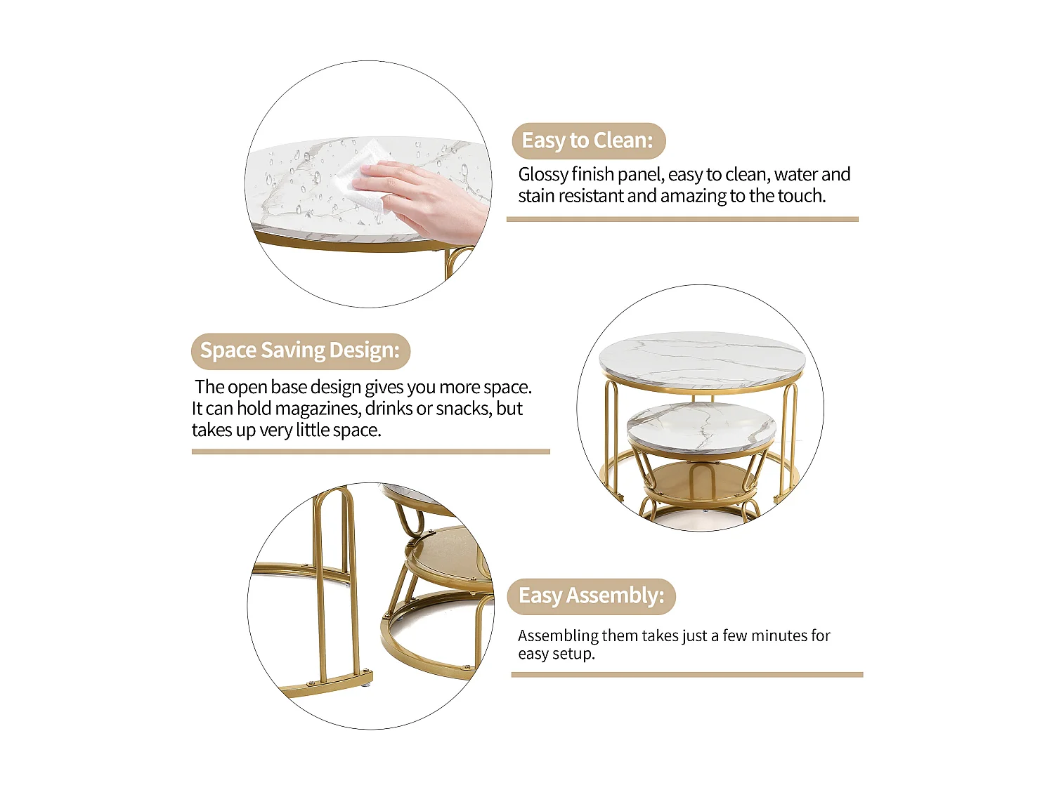 Juego de 2 mesas de centro redondas de madera apilables - Aspecto mármol - Dorada en forma de U