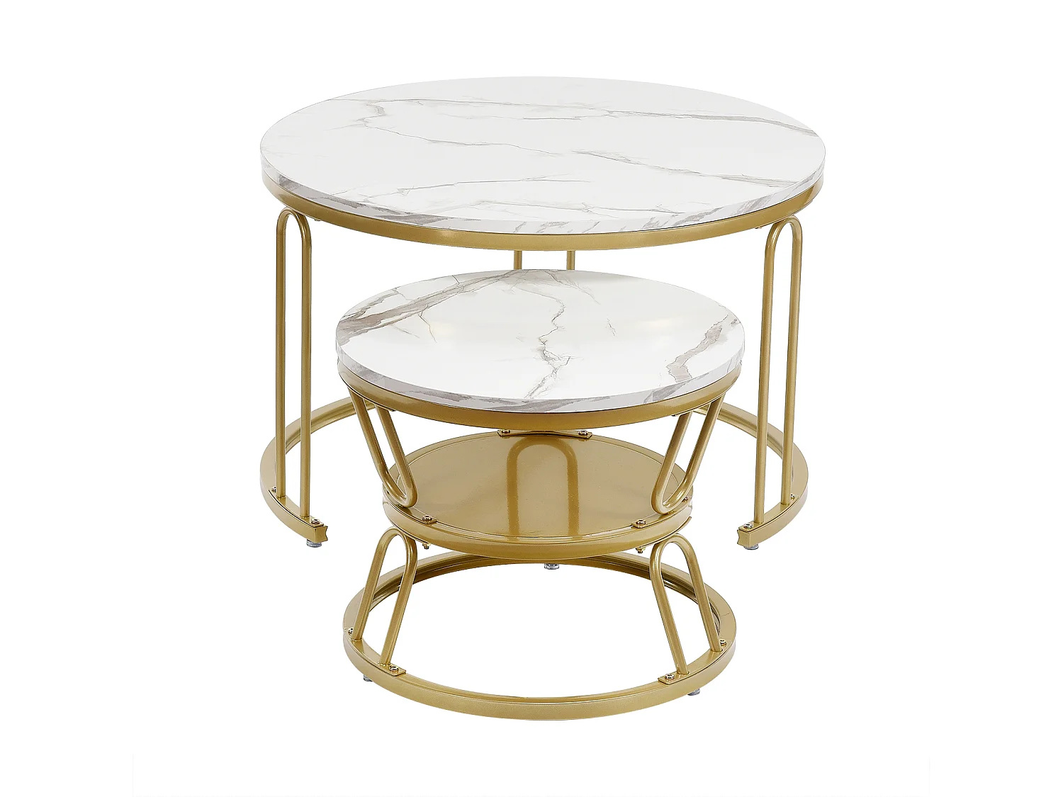 Juego de 2 mesas de centro redondas de madera apilables - Aspecto mármol - Dorada en forma de U