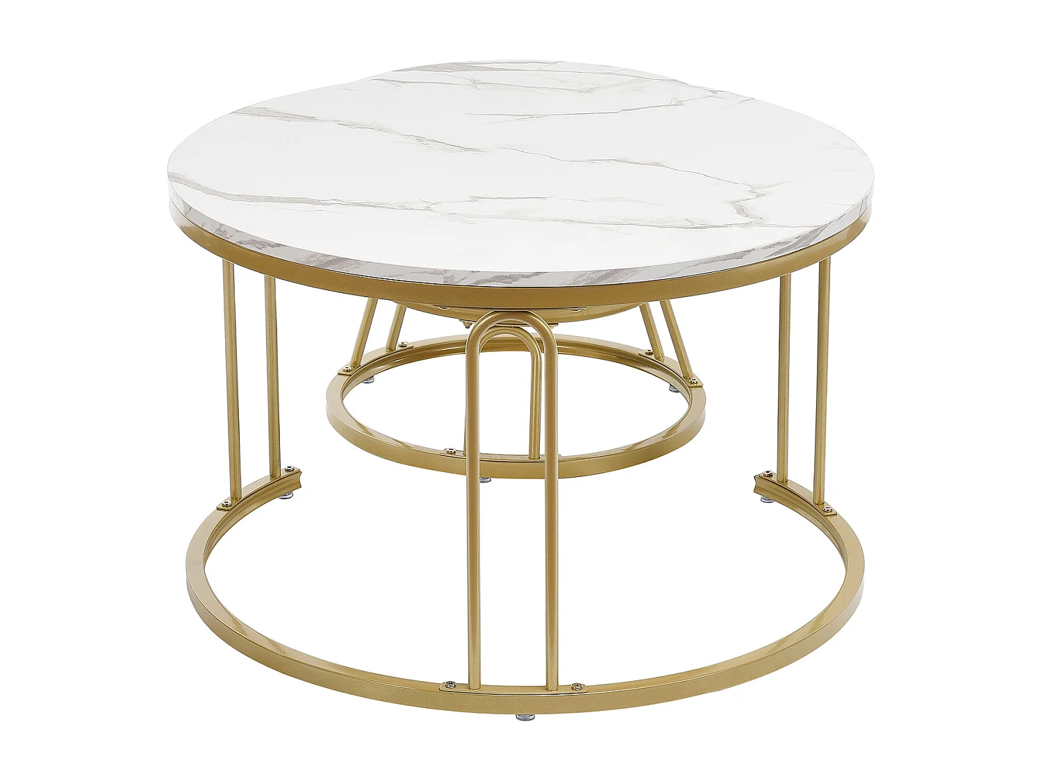 Juego de 2 mesas de centro redondas de madera apilables - Aspecto mármol - Dorada en forma de U