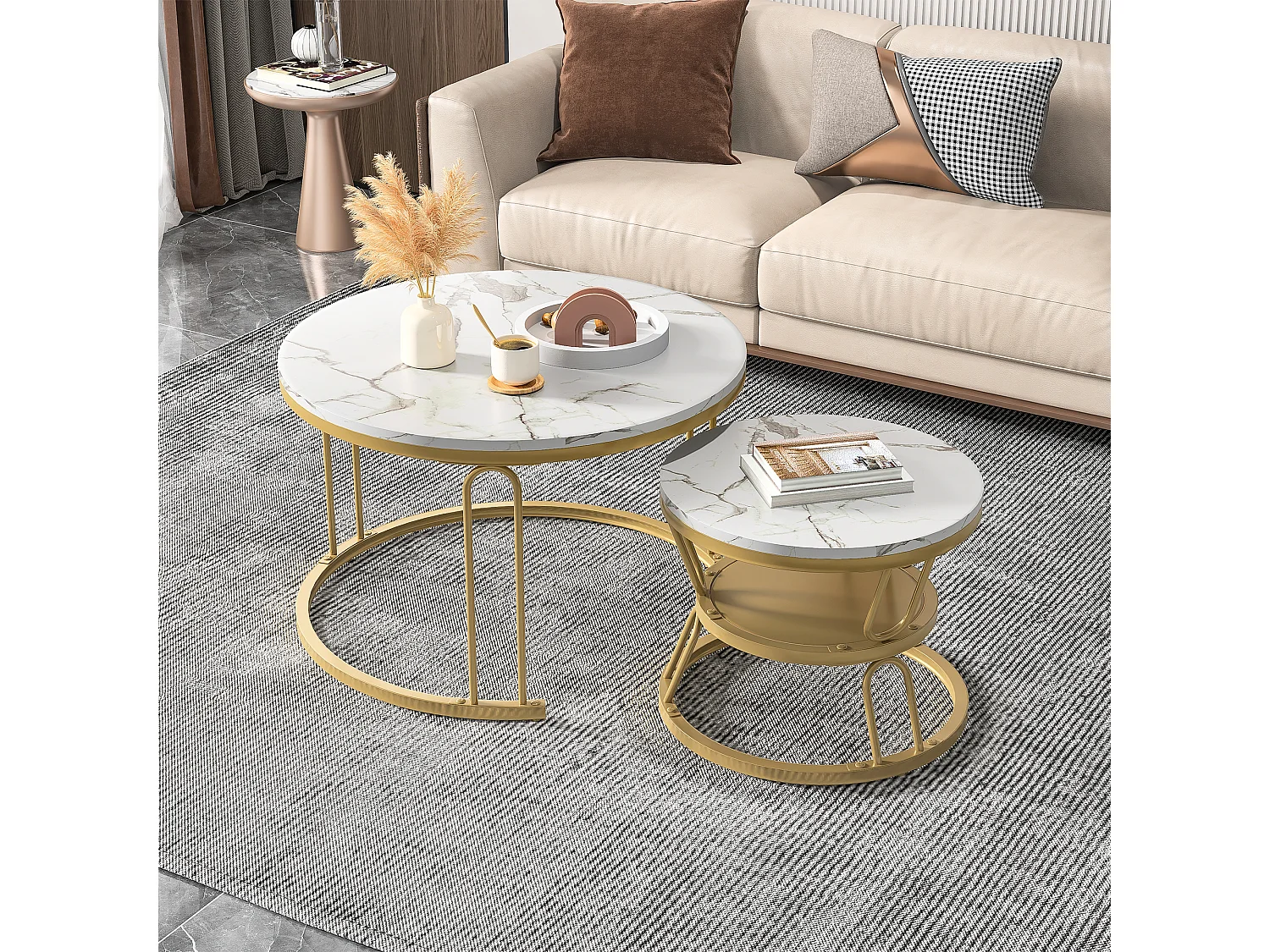 Juego de 2 mesas de centro redondas de madera apilables - Aspecto mármol - Dorada en forma de U