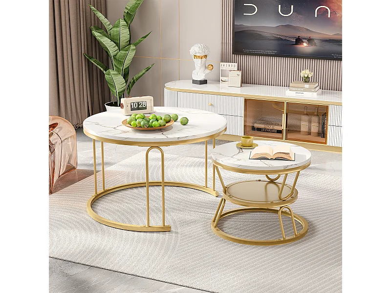 Set van 2 ronde houten salontafels met nestelfunctie - Marmerlook - Gouden U-vorm