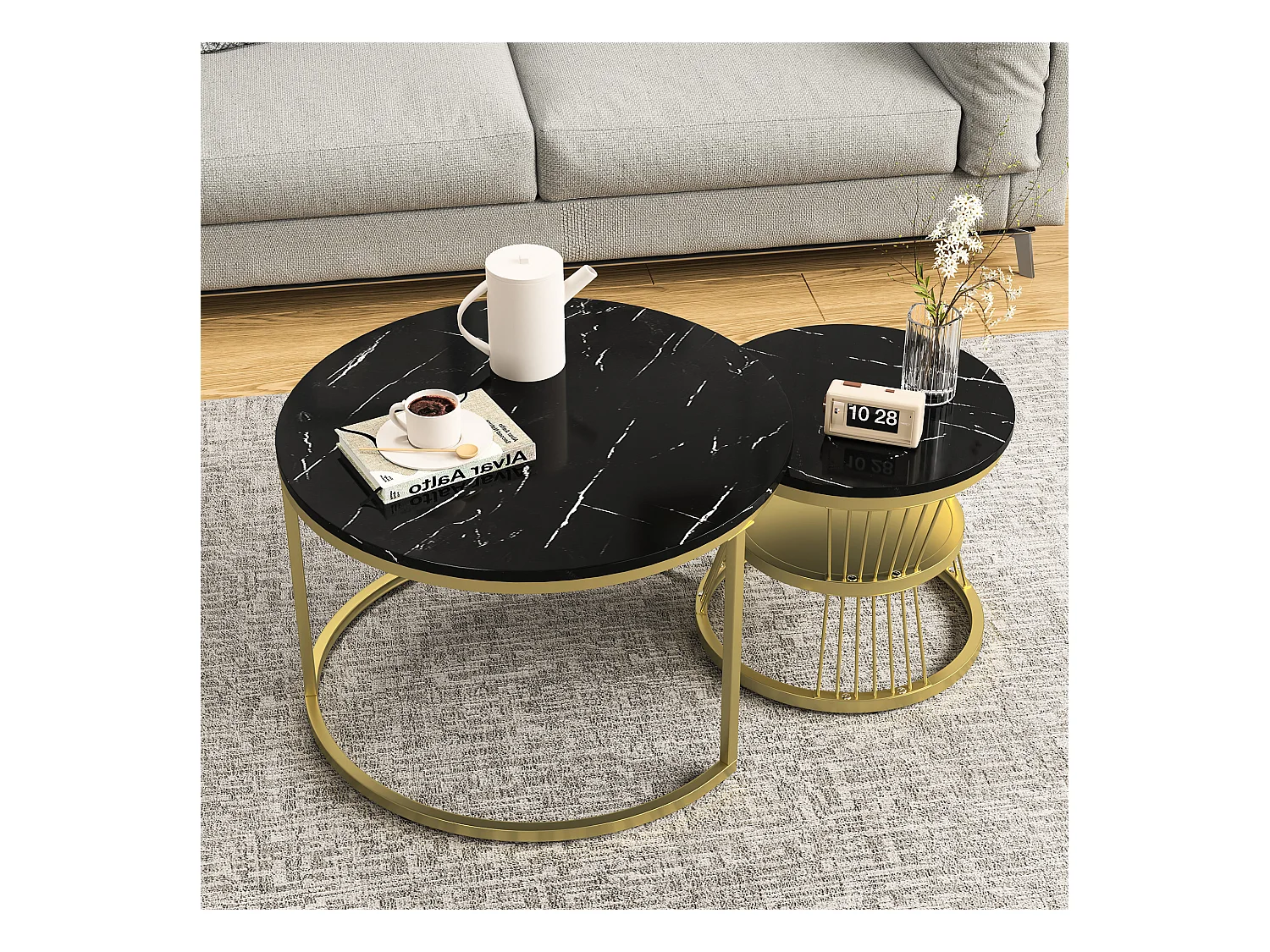 Lot de 2 tables basse, Table De Salon Gigognes Ronde, noir et blanc