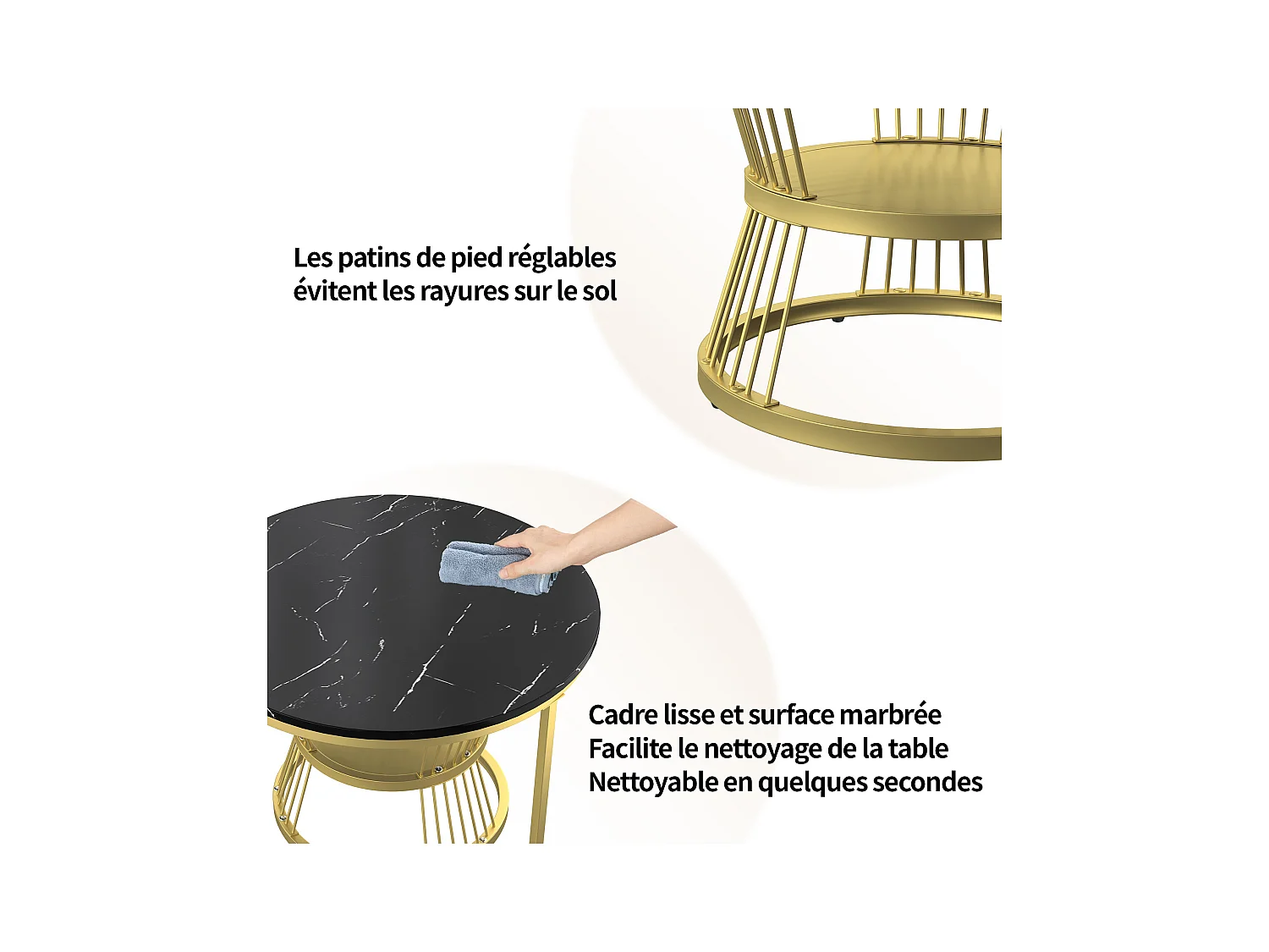 Lot de 2 tables basse, Table De Salon Gigognes Ronde, noir et blanc