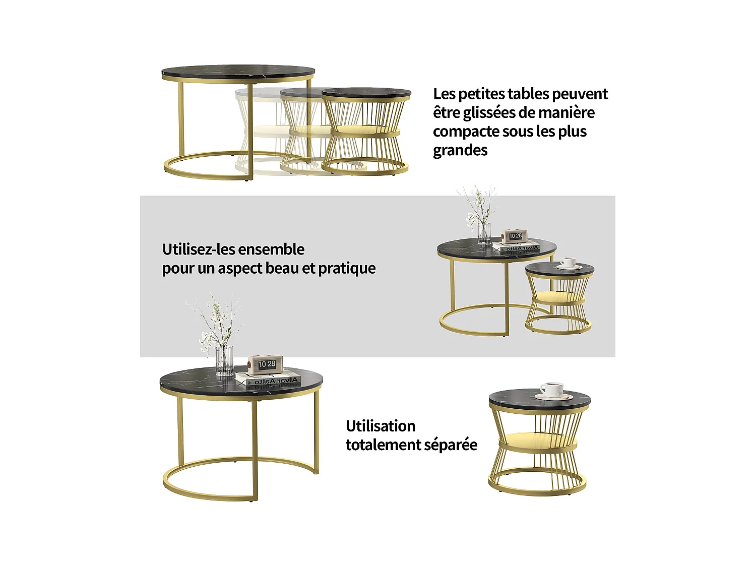 Lot de 2 tables basse, Table De Salon Gigognes Ronde, noir et blanc