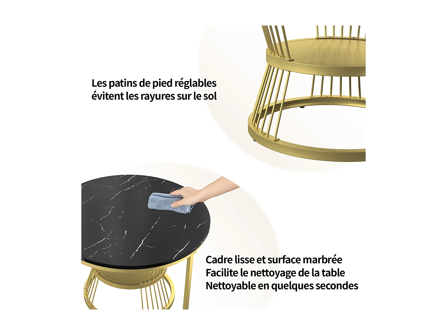 Lot de 2 tables basse, Table De Salon Gigognes Ronde, noir et blanc