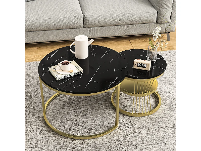 2er-Set Couchtische, Runder Satztisch, schwarz und weiß