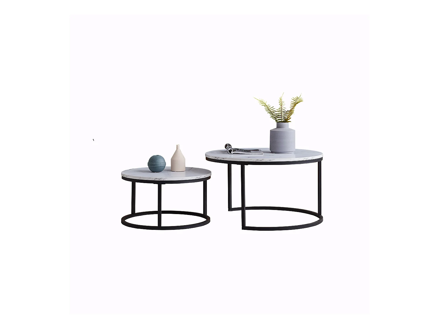Lot de 2 Tables Basses gigognes, avec marbré brillant, Noir et Blanc
