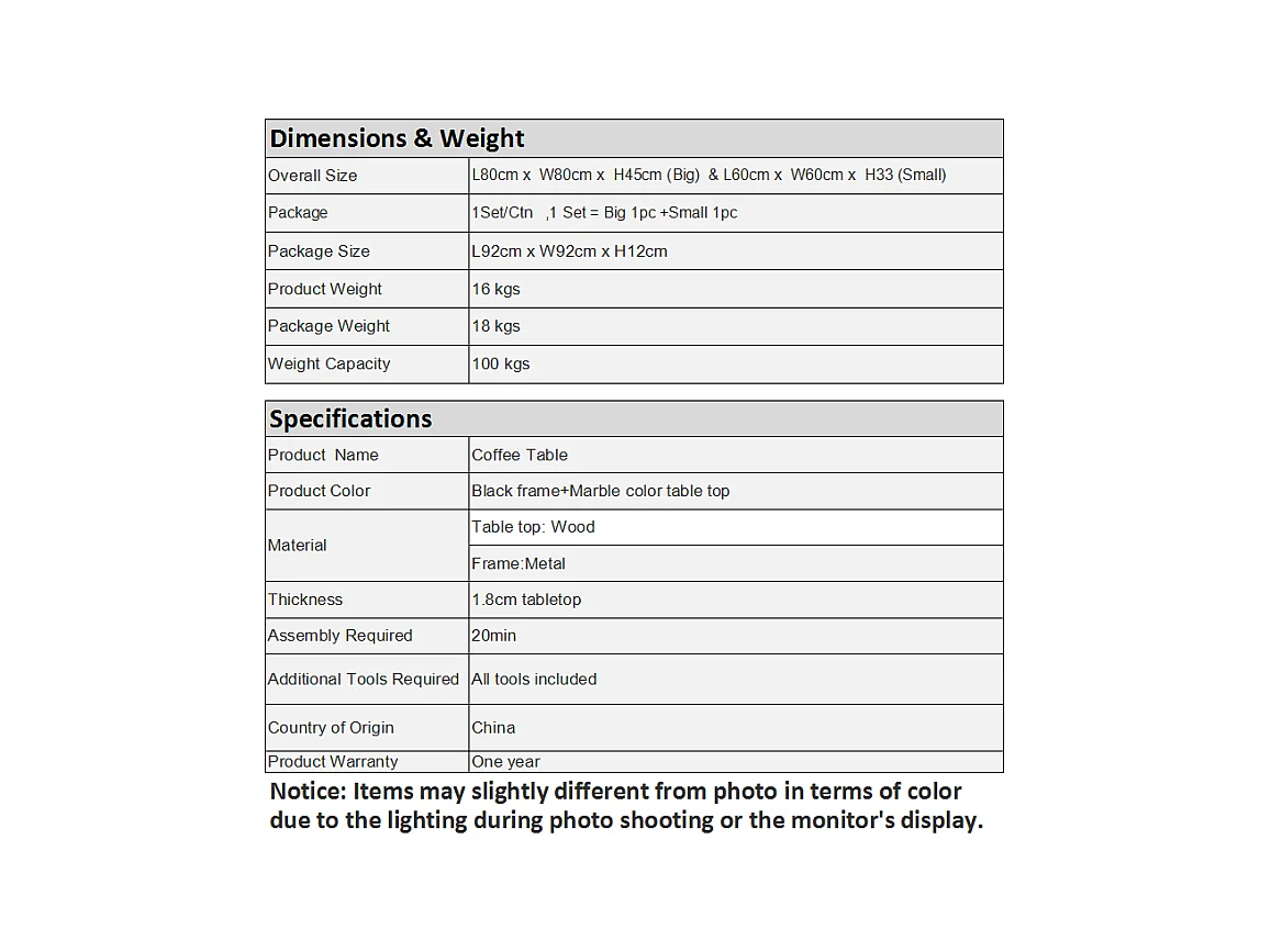 Lot de 2 Tables Basses gigognes, avec marbré brillant, Noir et Blanc