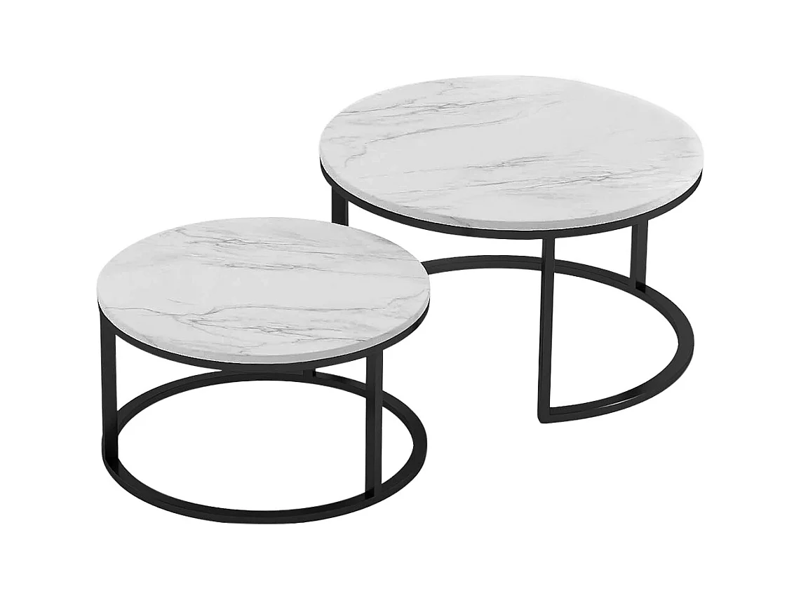 Lot de 2 Tables Basses gigognes, avec marbré brillant, Noir et Blanc