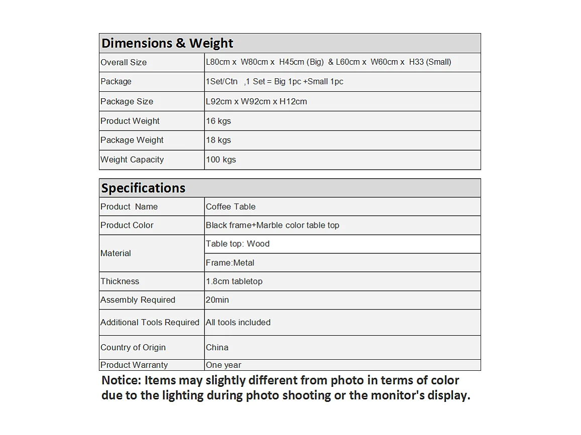 Lot de 2 Tables Basses gigognes, avec marbré brillant, Noir et Blanc