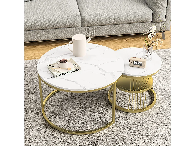 2er-Set Couchtische, Runder Satztisch, Gold und Weiß