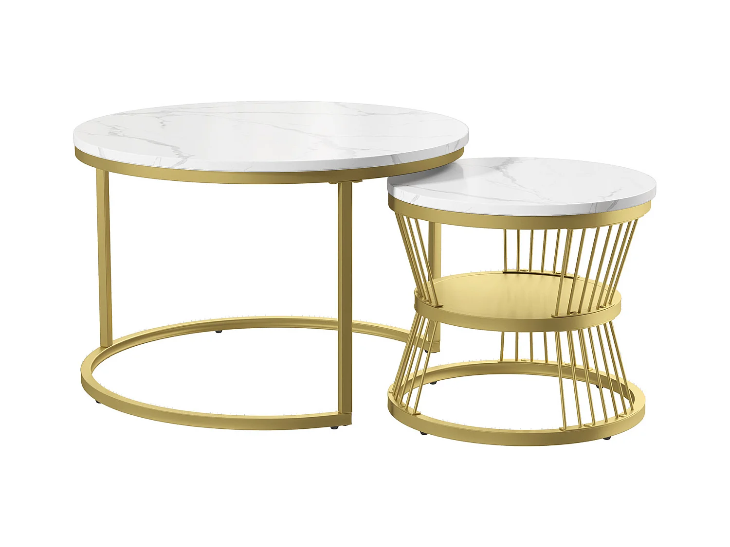 Lot de 2 tables basse, Table De Salon Gigognes Ronde, doré et blanc
