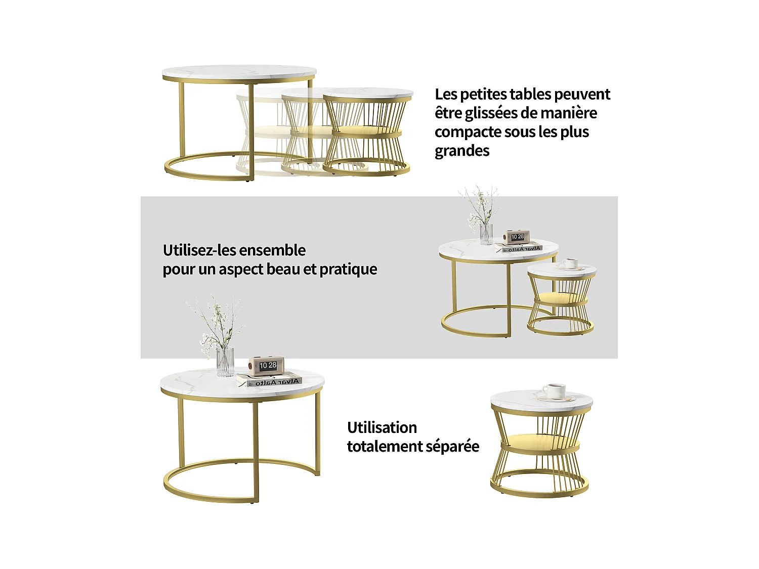 Lot de 2 tables basse, Table De Salon Gigognes Ronde, doré et blanc