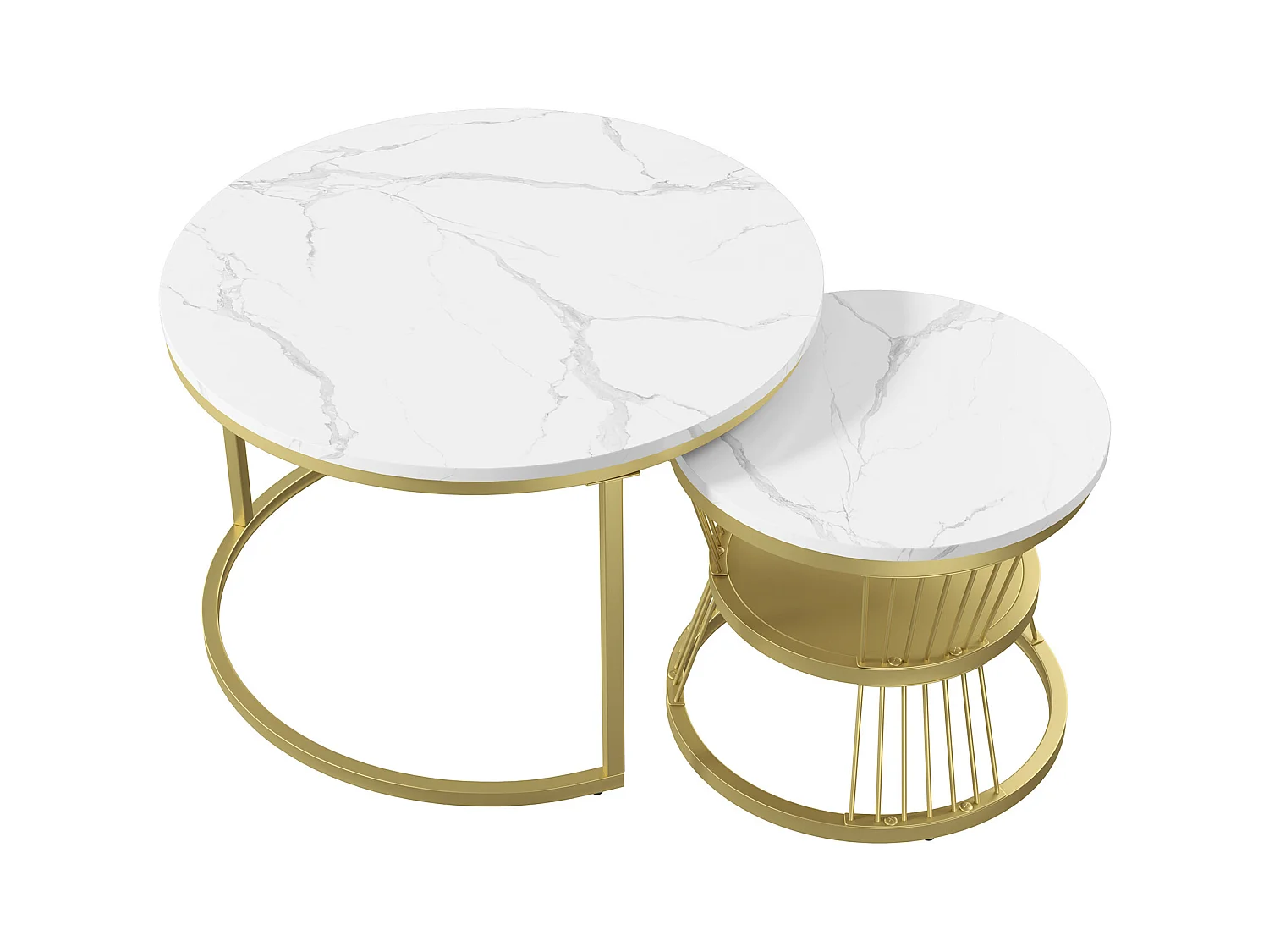 Lot de 2 tables basse, Table De Salon Gigognes Ronde, doré et blanc