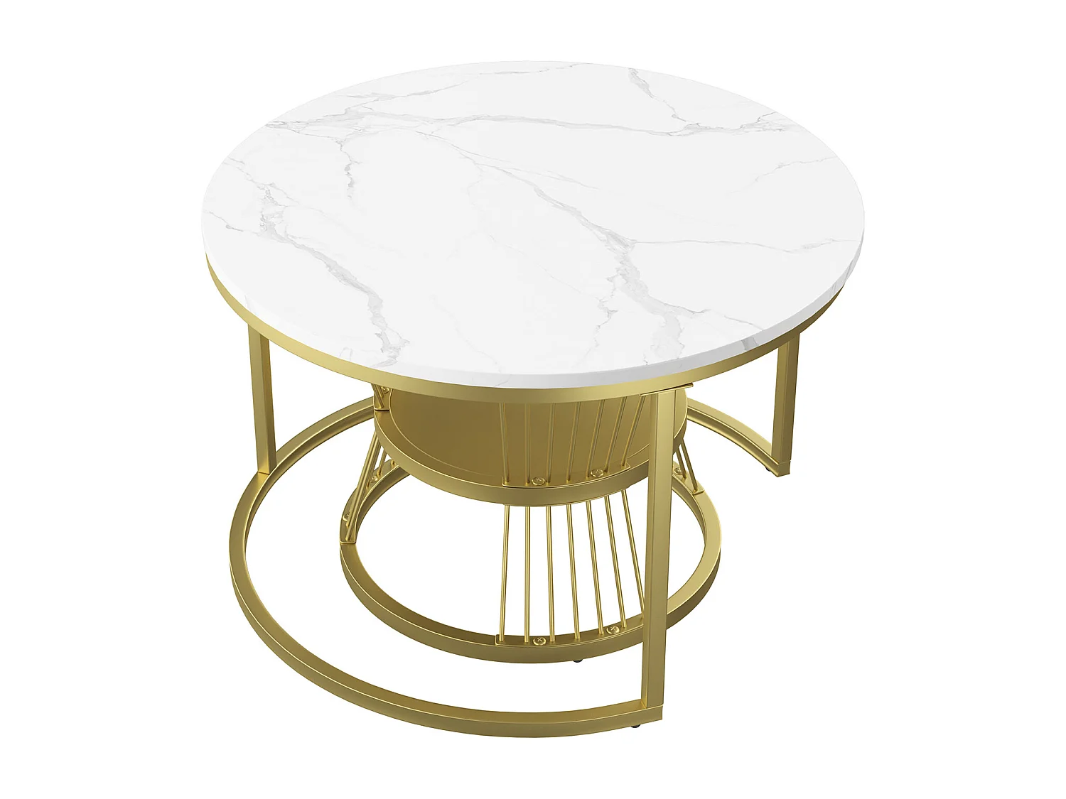 Lot de 2 tables basse, Table De Salon Gigognes Ronde, doré et blanc