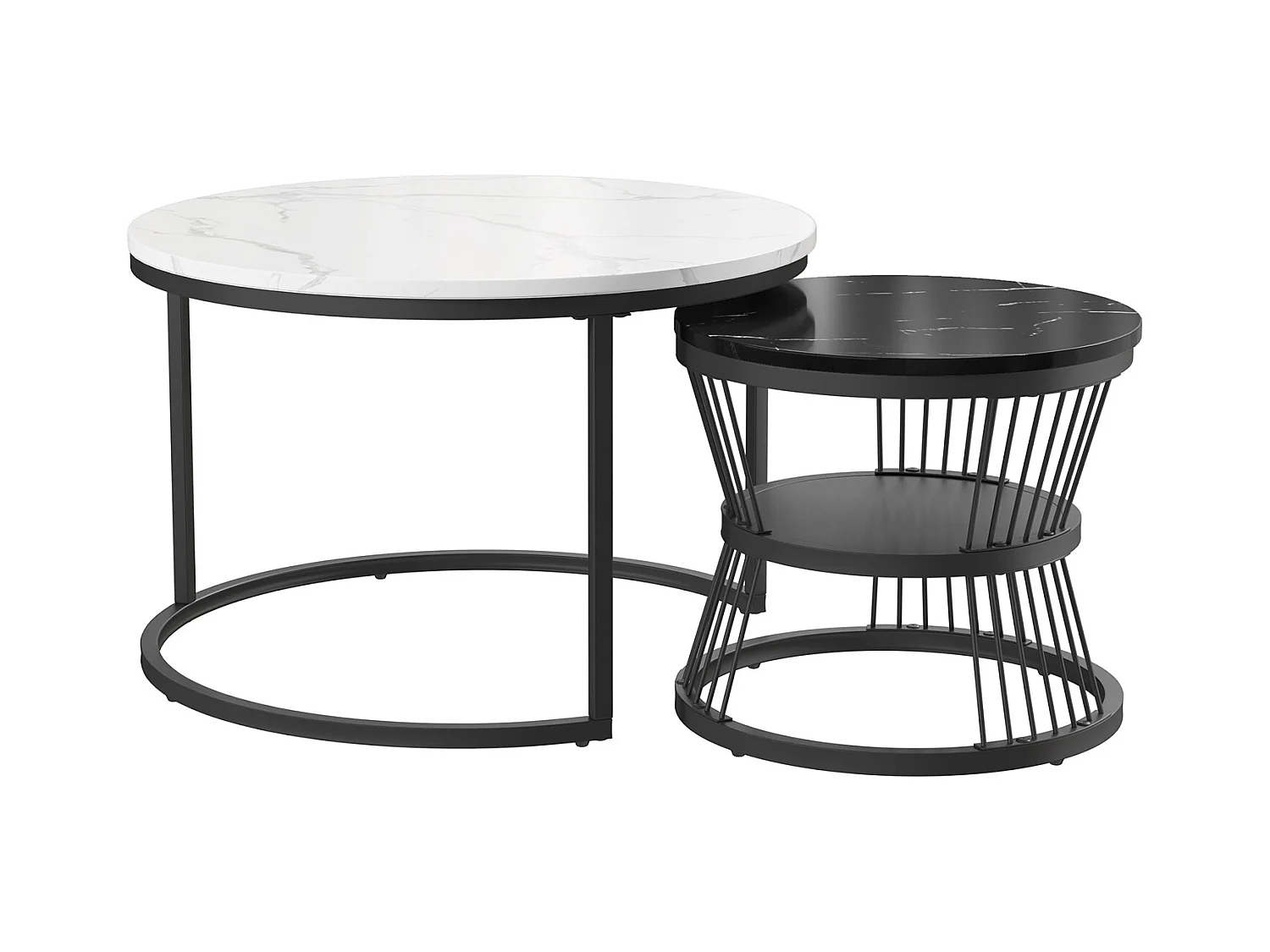 Lot de 2 tables basse, Table De Salon Gigognes Ronde, noir et blanc