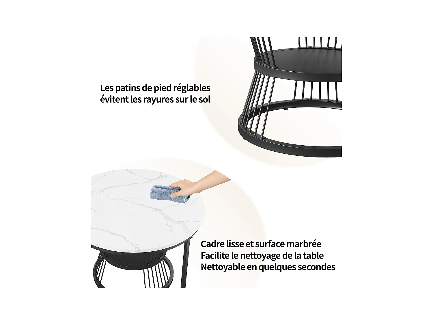 Lot de 2 tables basse, Table De Salon Gigognes Ronde, noir et blanc