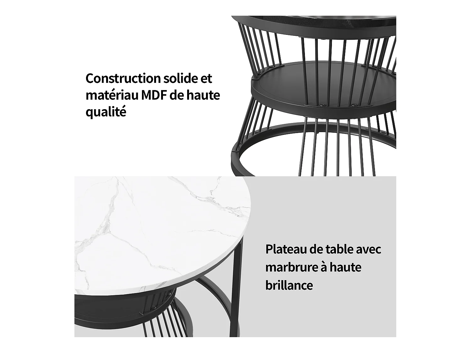 Lot de 2 tables basse, Table De Salon Gigognes Ronde, noir et blanc