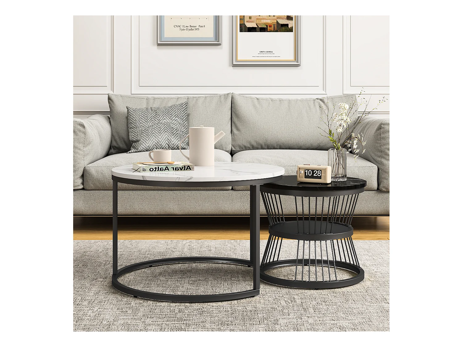 Lot de 2 tables basse, Table De Salon Gigognes Ronde, noir et blanc