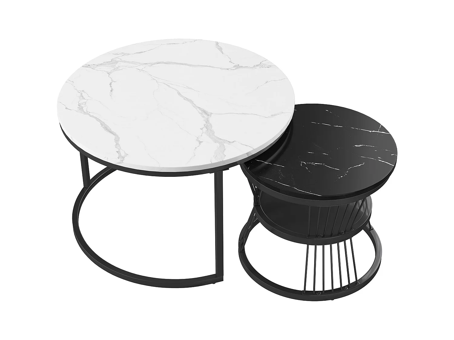 Lot de 2 tables basse, Table De Salon Gigognes Ronde, noir et blanc