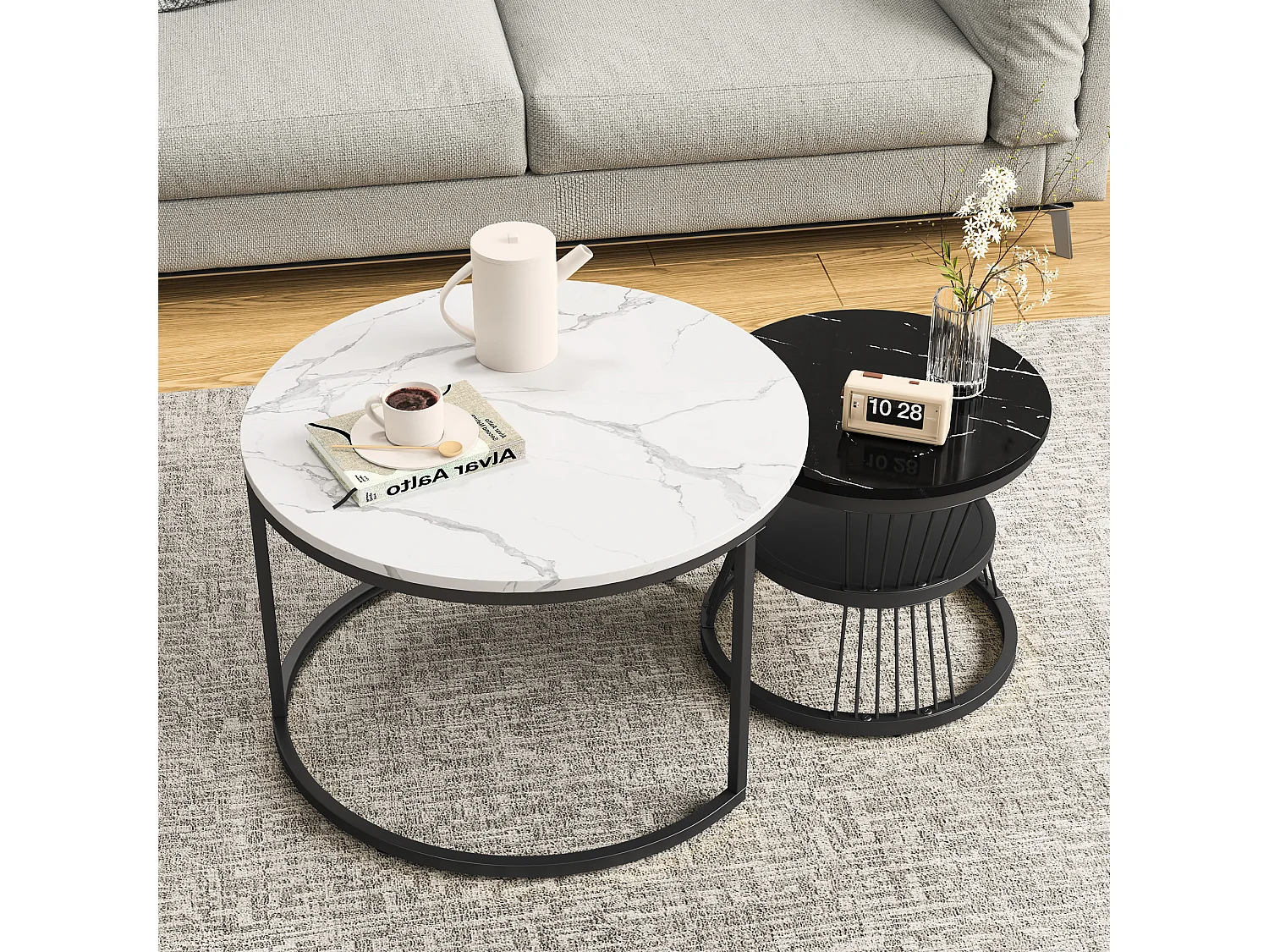 Lot de 2 tables basse, Table De Salon Gigognes Ronde, noir et blanc