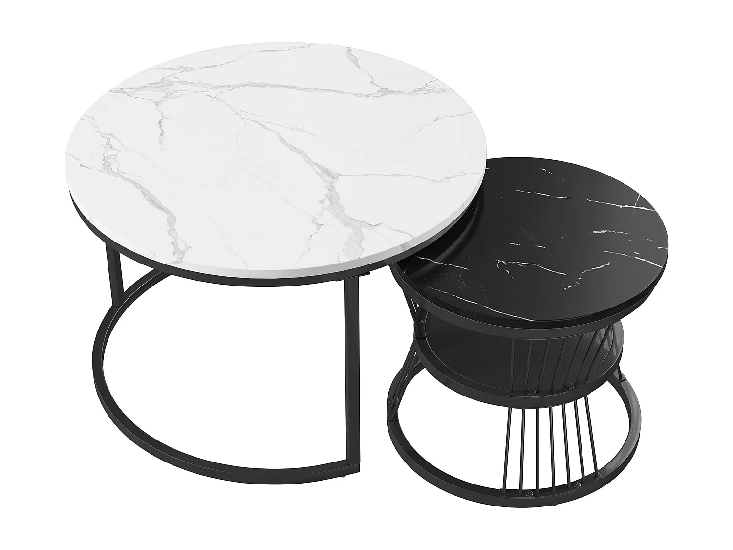 Lot de 2 tables basse, Table De Salon Gigognes Ronde, noir et blanc