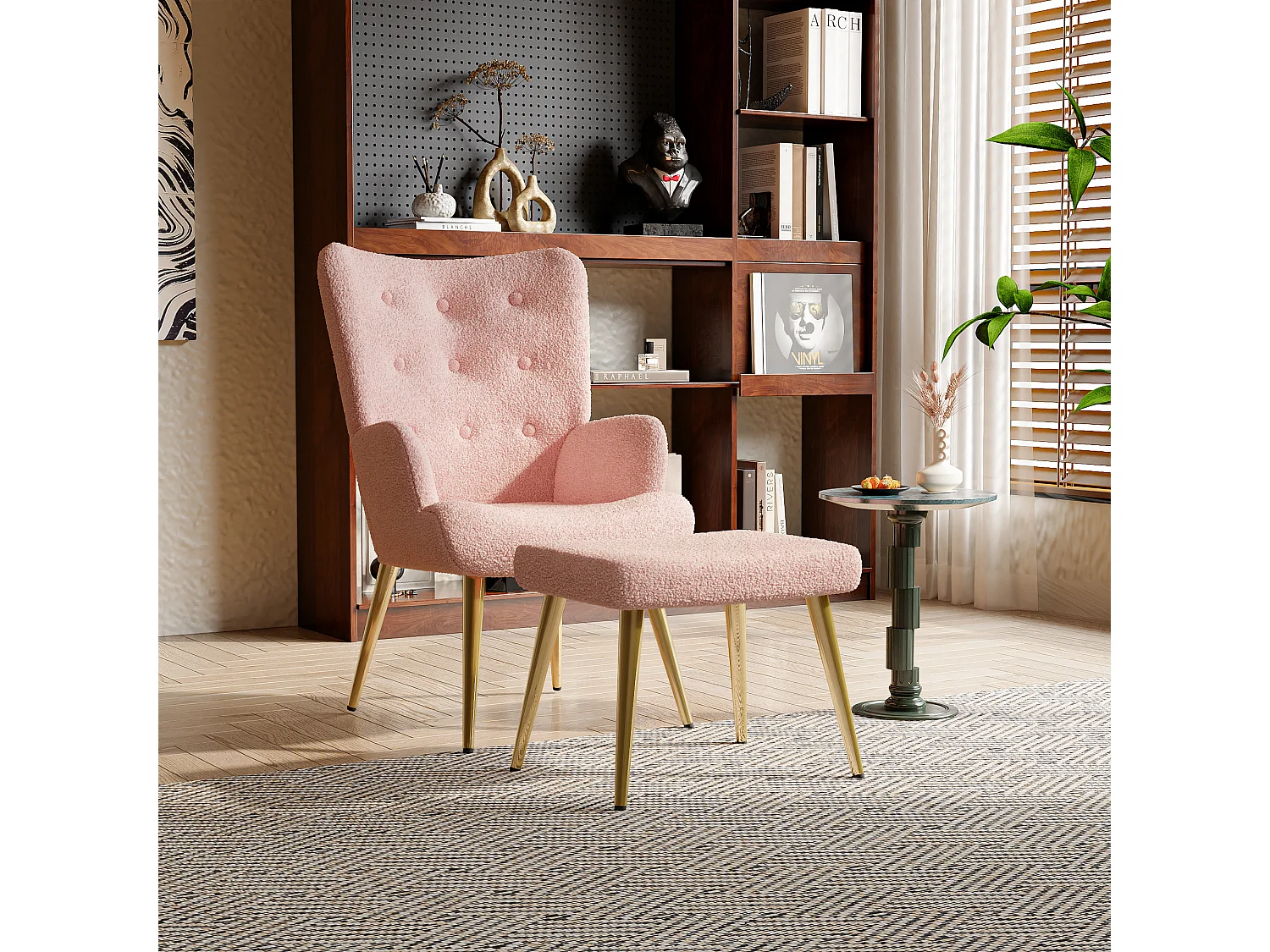 Skandinavischer Ohrensessel mit Fußstütze aus Bouclette-Stoff, Rosa