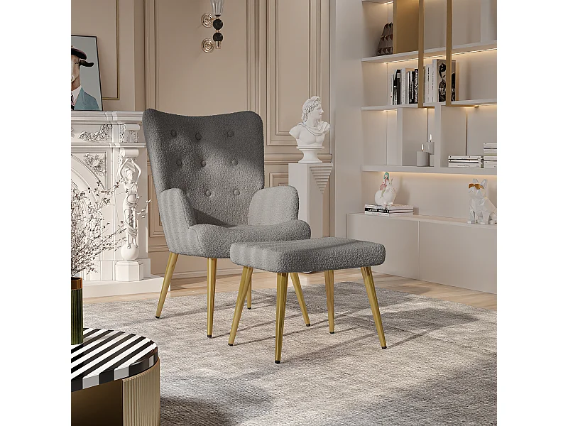 Fauteuil Scandinave à Oreilles avec Repose Pieds en Tissu Bouclette Fauteuil, Gris