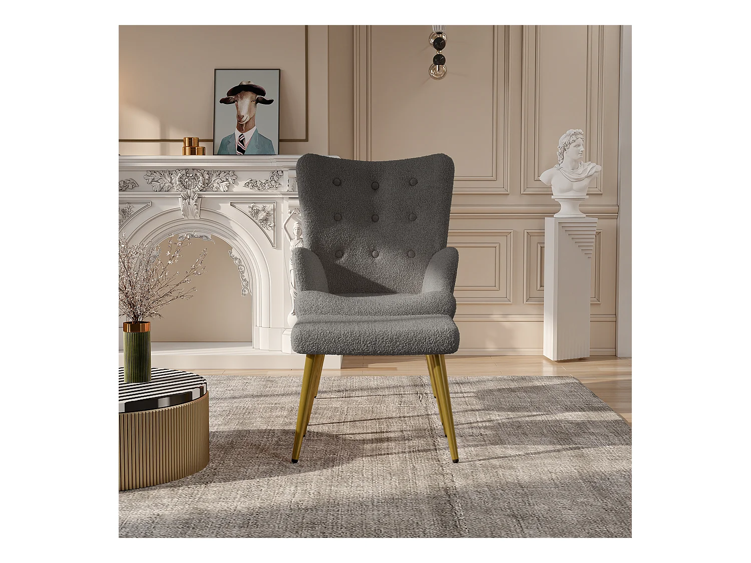 Fauteuil Scandinave à Oreilles avec Repose Pieds en Tissu Bouclette Fauteuil, Gris