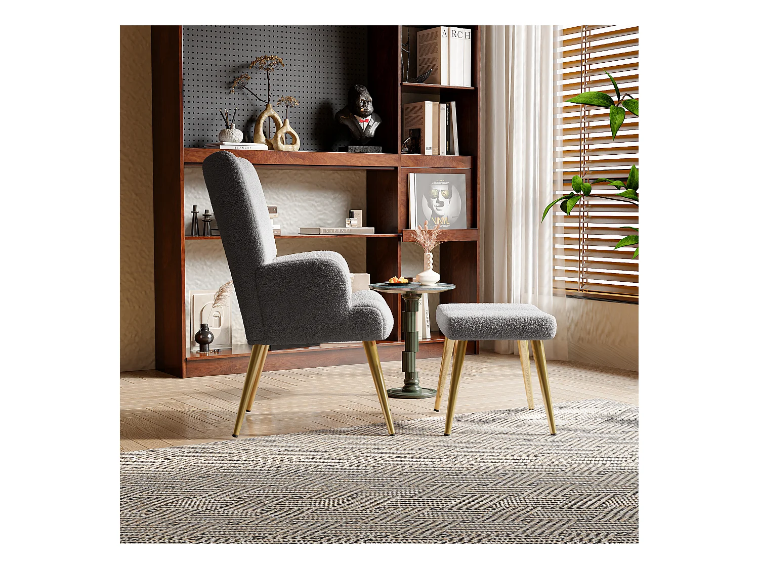 Fauteuil Scandinave à Oreilles avec Repose Pieds en Tissu Bouclette Fauteuil, Gris