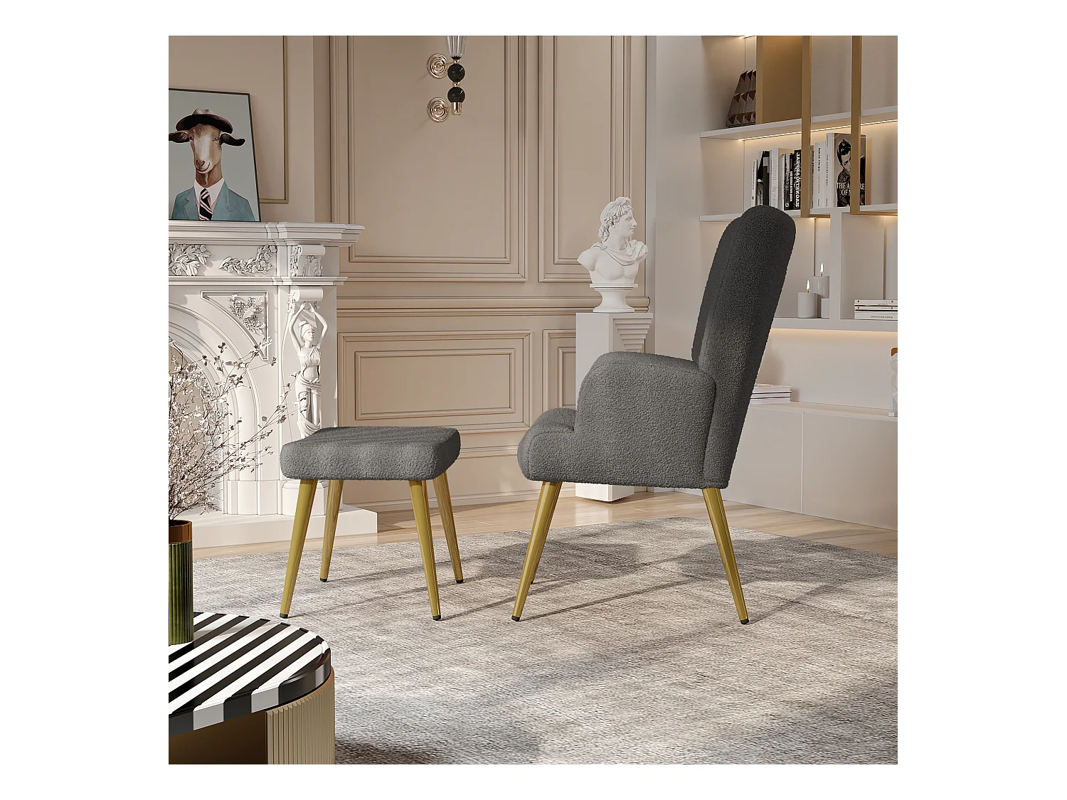 Fauteuil Scandinave à Oreilles avec Repose Pieds en Tissu Bouclette Fauteuil, Gris