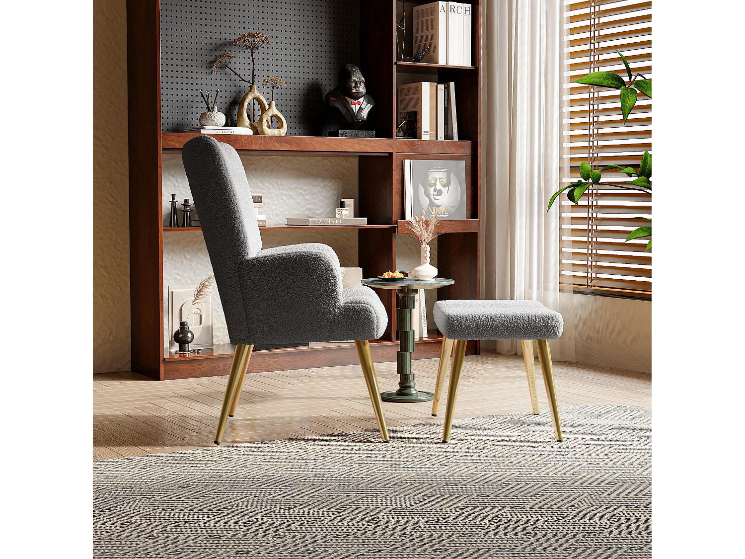 Sillón escandinavo con respaldo alto y reposapiés en tejido bouclette, gris