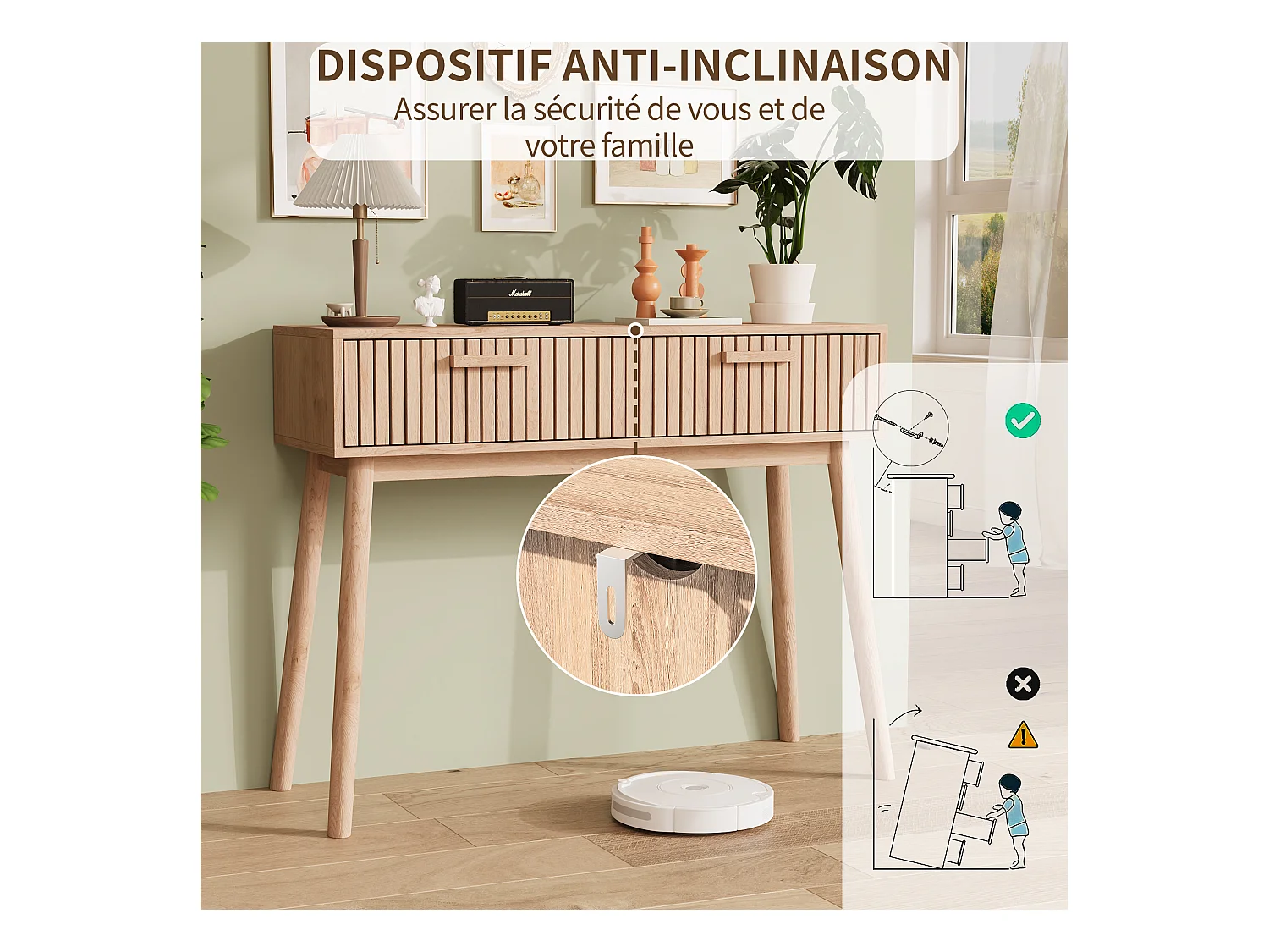 Konsolentisch mit 2 Schubladen, Holzoptik und Streifen