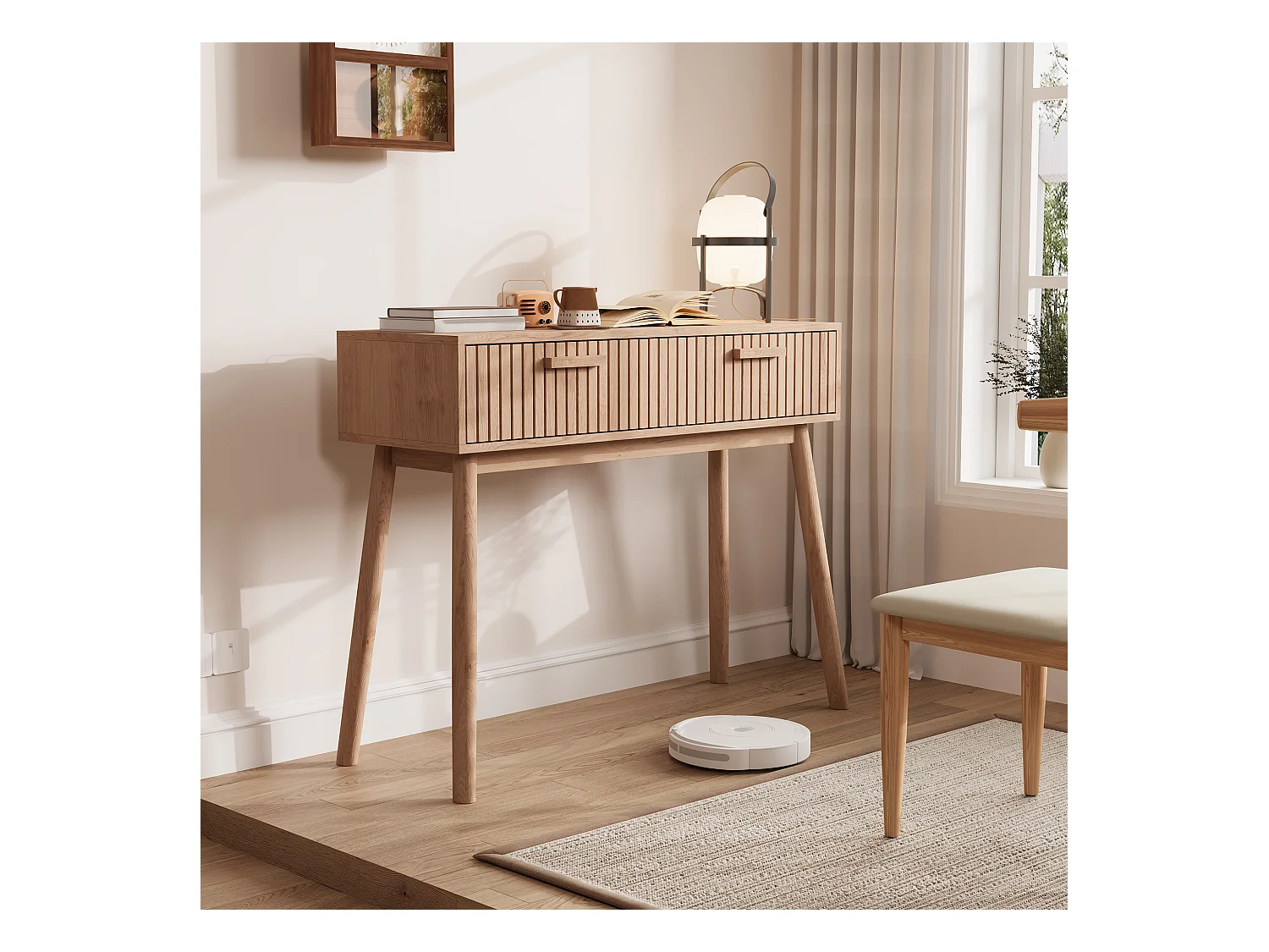 Konsolentisch mit 2 Schubladen, Holzoptik und Streifen