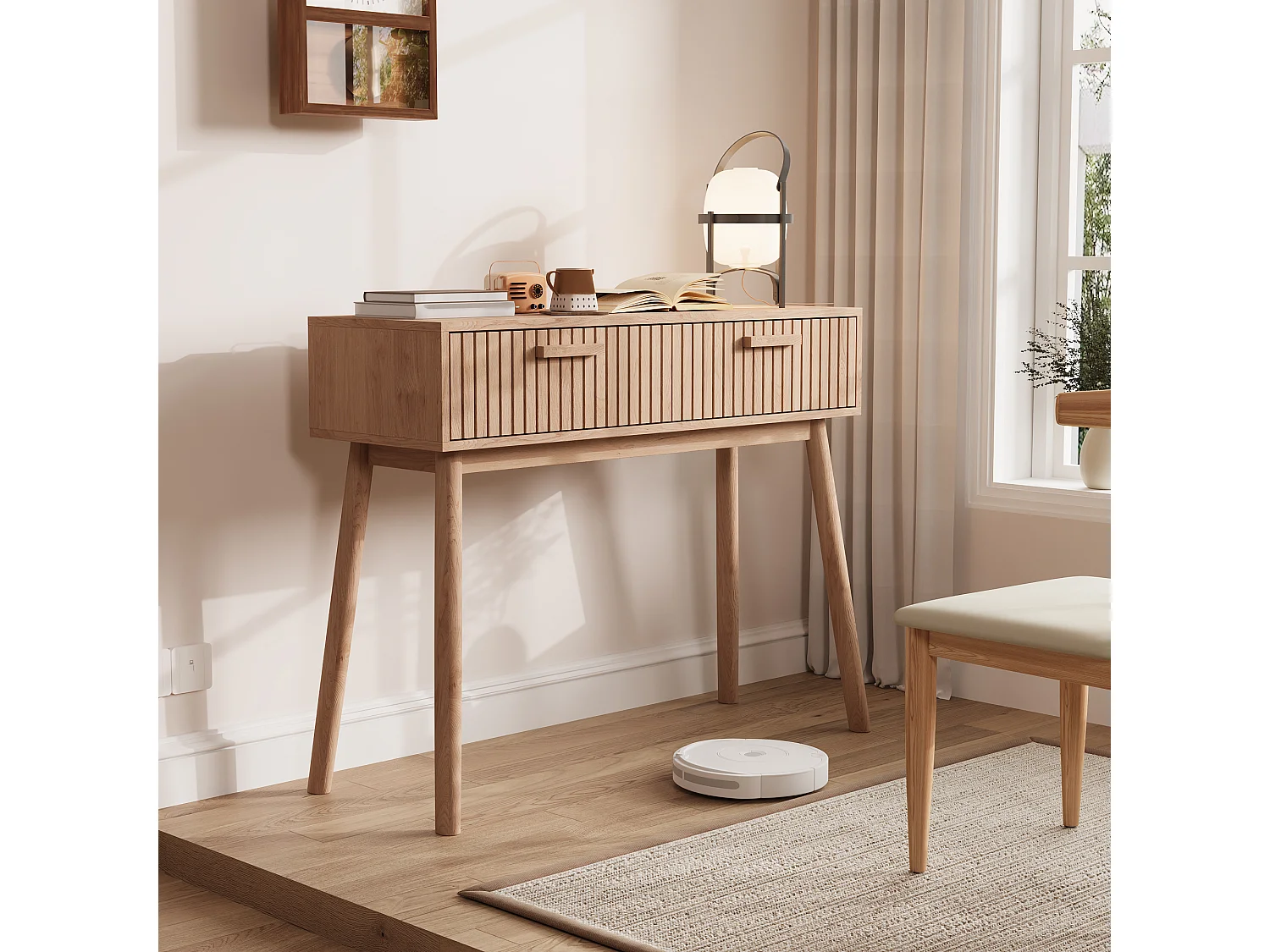 Konsolentisch mit 2 Schubladen, Holzoptik und Streifen