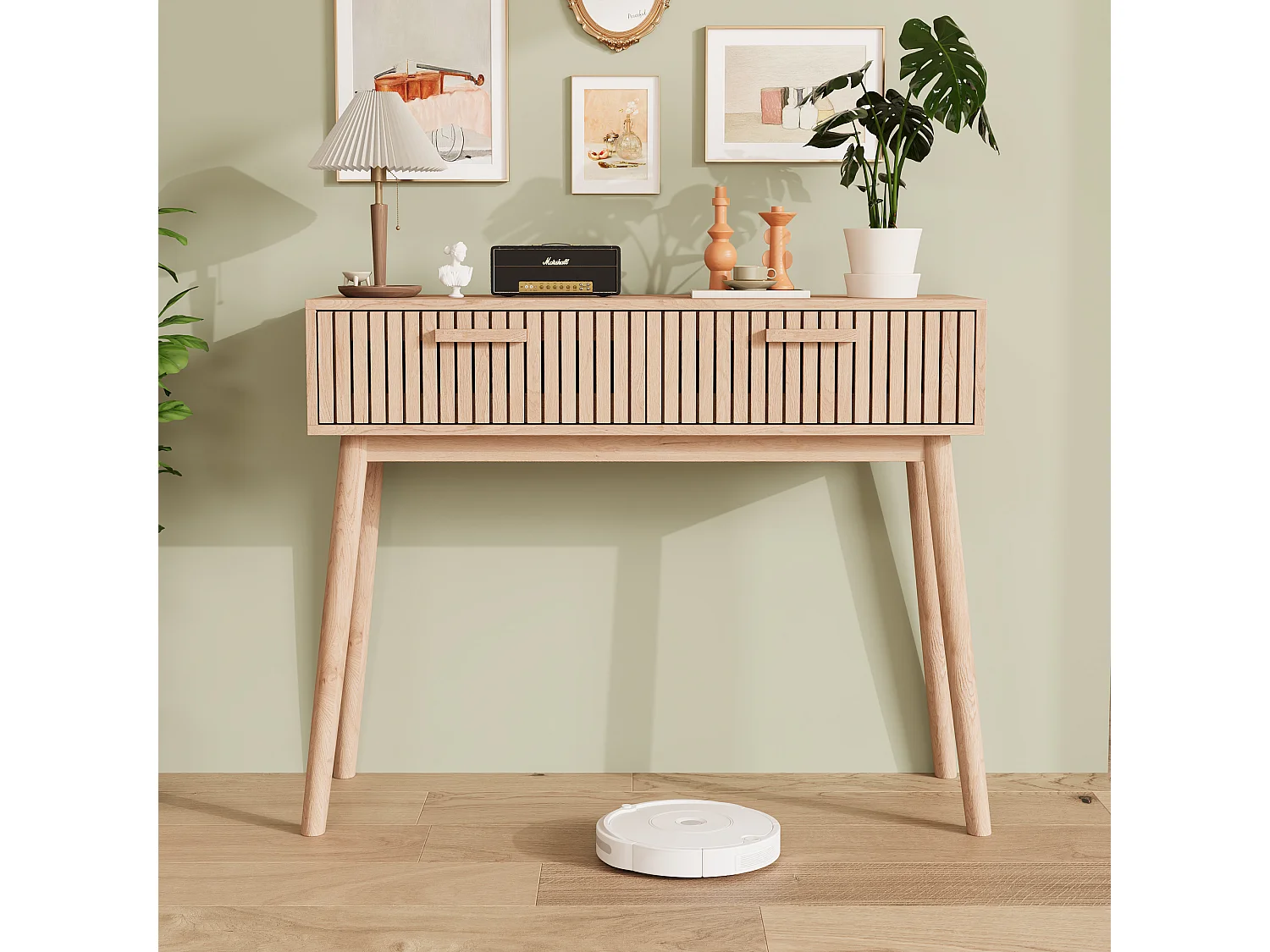 Consolle a 2 cassetti con effetto legno e strisce