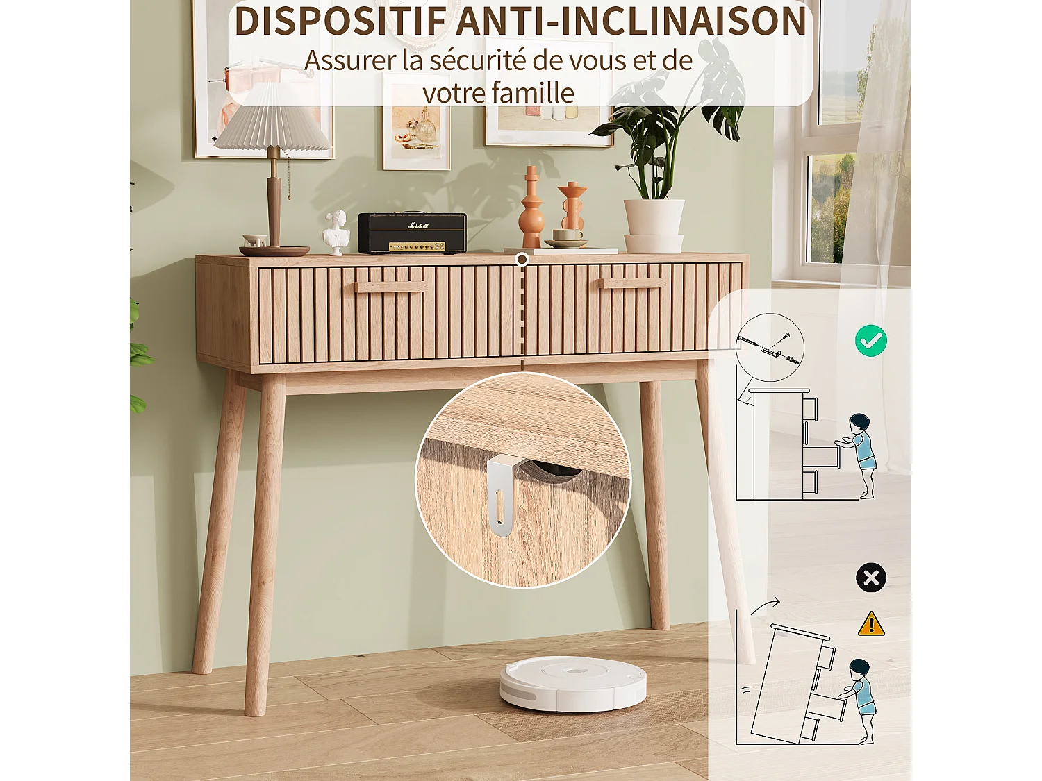 Consolle a 2 cassetti con effetto legno e strisce