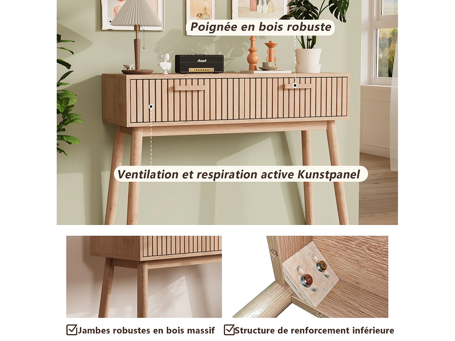 Consolle a 2 cassetti con effetto legno e strisce